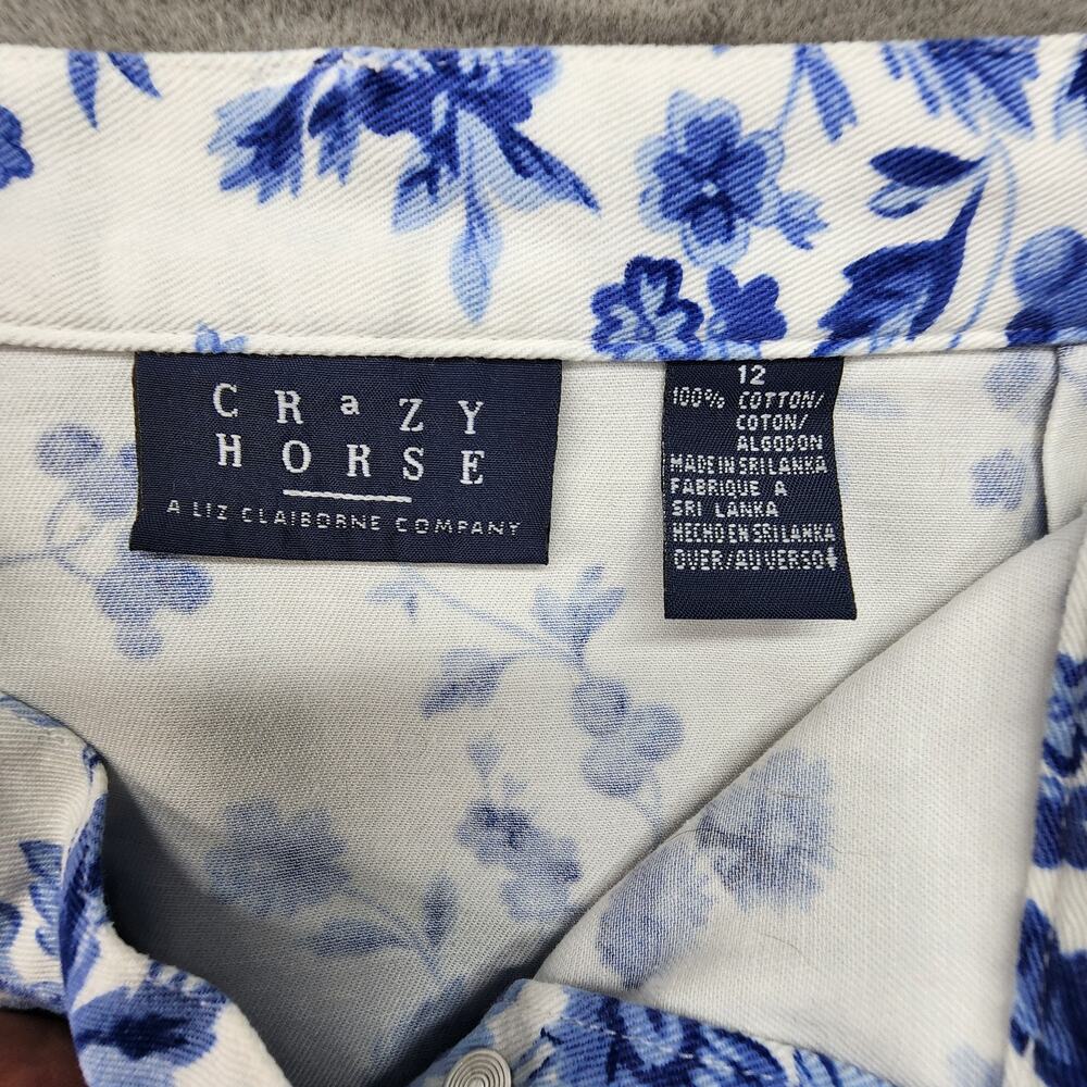 Liz Claiborne Crazy Horse Skirt 12 Blue White Floral Cottagecore Midi Pockets - Picture 8 of 11